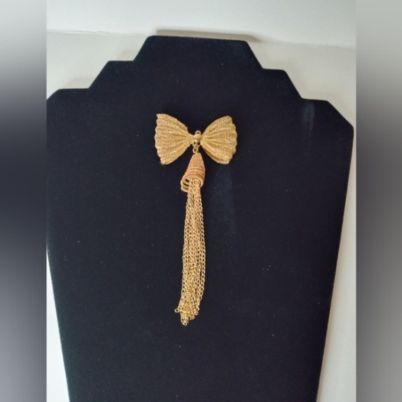 Bow Pendant Gold Tone Mesh Metal With Chain Fringe Tassel Pendant Only Vintage - Picture 2 of 5